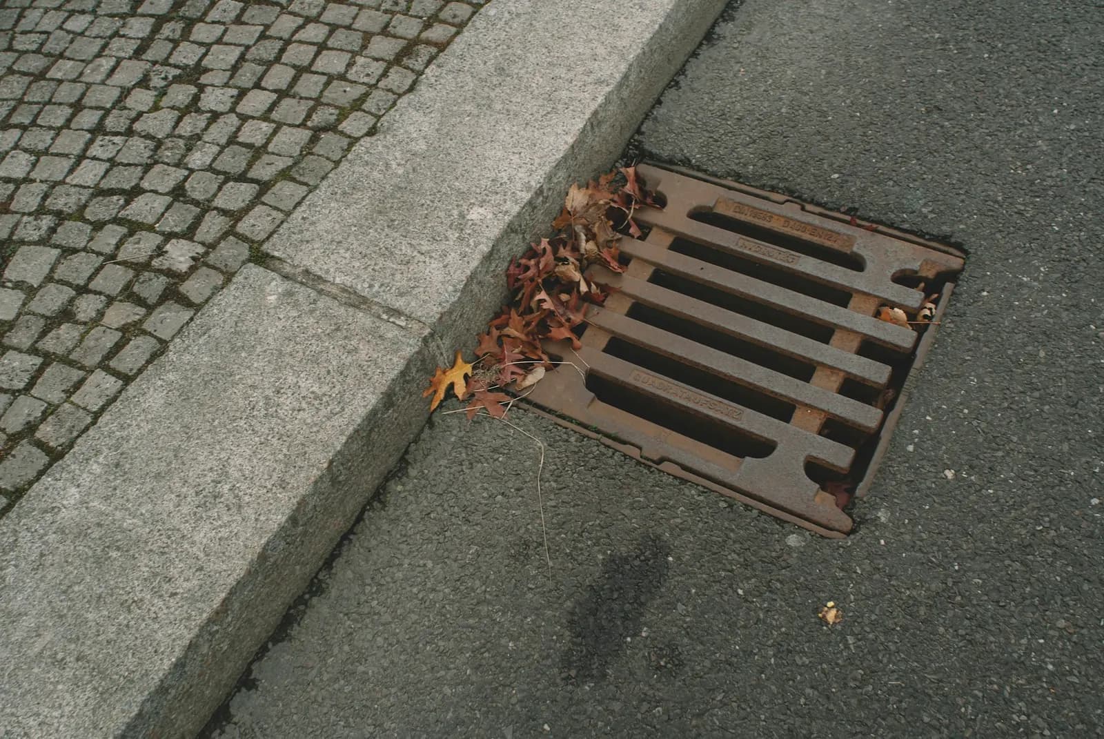 Road gully grate at the kerb edge